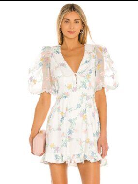 For Love & Lemons Ivory Linen Multicolor Floral Majorie Mini Dress Sz L